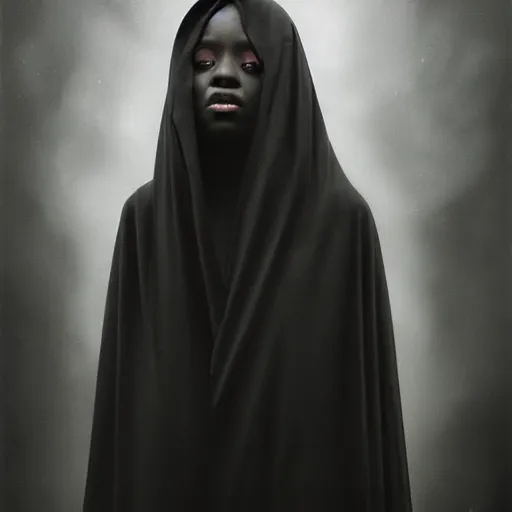 Image similar to a portrait of a young black woman wearing a long dark cloak, hood and shadows covering face, anatomically correct, beautiful perfect face, enigmatic, oil painting, matte painting, black background, Volumetric dynamic lighting, Highly Detailed, Cinematic Lighting, Unreal Engine, 8k, HD, by Beksinski