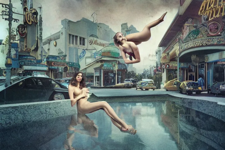 Image similar to photography of gregory crewdson, 1 9 7 6 portrait of a woman floating in the air, background is a vegas street scene, deep focus, intricate, elegant, highly detailed, artstation, concept art, matte, sharp focus, art by artgerm and greg rutkowski and alphonse mucha