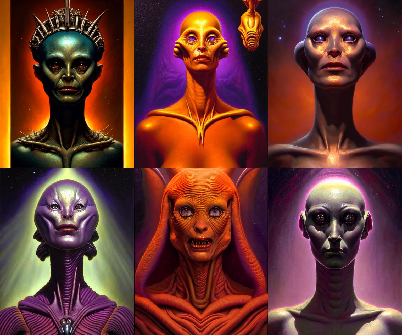 Prompt: cinematic bust portrait of benevolent female extraterrestrial queen, head and chest only, exotic alien features, Tim Hildebrandt, Wayne Barlowe, Bruce Pennington, donato giancola, emil melmoth, oil on canvas, masterpiece, trending on artstation, featured on pixiv, cinematic composition, dramatic pose, beautiful lighting, sharp, details, hyper-detailed, HD, HDR, 4K, 8K