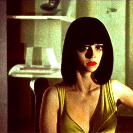 Image similar to still of a giallo film, directed by dario argento, shot on 3 5 mm film, beautiful woman, black hair, dramatic lighting