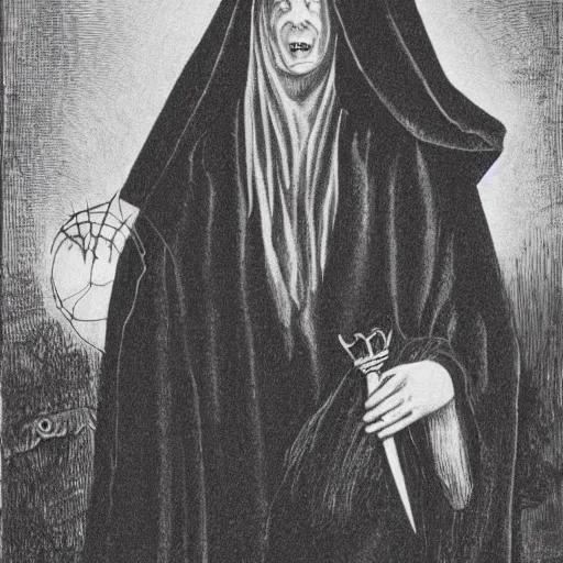 Image similar to a witch wearing a dark hooded cloak