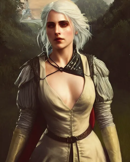 Image similar to Pre-Raphaelite Ciri from Witcher 3 by Artgerm and Greg Rutkowski, sunrise, backlit, wearing haute couture by schiaparelli, sharp focus, sun rays, full body, intricate, elegant, highly detailed, digital painting, pale