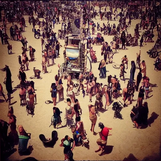 Image similar to “renaissance painting of people at burning man black rock city with steampunk costumes and loud music”