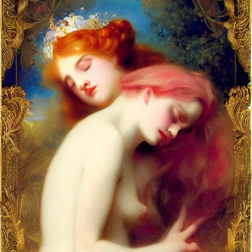 Prompt: blonde beautiful sleeping princess by franz xaver winterhalter and delphin enjolras and rebecca guay