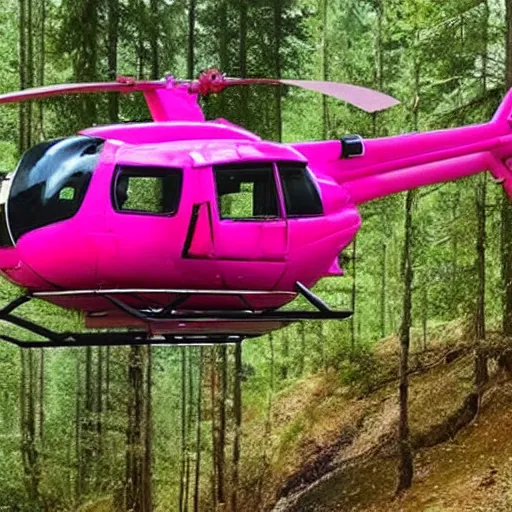 Image similar to a pink helicopter that is landed on a helipad in the middle of the forest, post-apocalyptic setting,