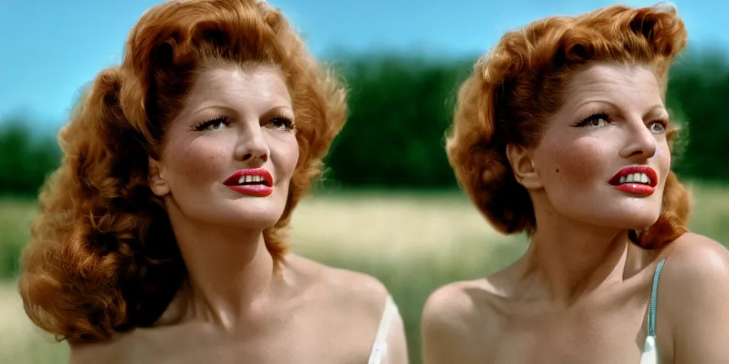 Image similar to natural 8 k close up shot of rita hayworth with freckles, natural skin and beauty spots in a 2 0 0 5 romantic comedy by sam mendes. she stands and looks on the horizon with winds moving her hair. fuzzy blue sky in the background. no make - up, no lipstick, small details, wrinkles, natural lighting, 8 5 mm lenses, sharp focus