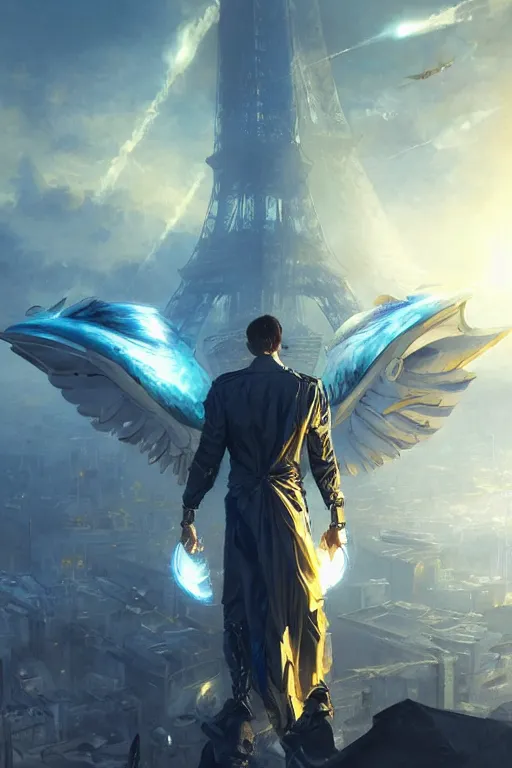 Prompt: a man from behind with wings of blue energy soaring in a futuristic paris, 4 k, shimmering color, cinematic light, hyper detailed, art by greg rutkowski and magali villeneuve and artgerm