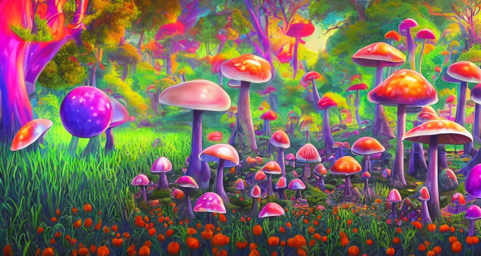 Image similar to a beautiful painting of trippy mushrooms by Tokio Aoyama, Mario Martinez, David Normal. photorealistic, trending on artstation, dramatic lighting, 8K, fantasy beautiful, surreal, cinematic.