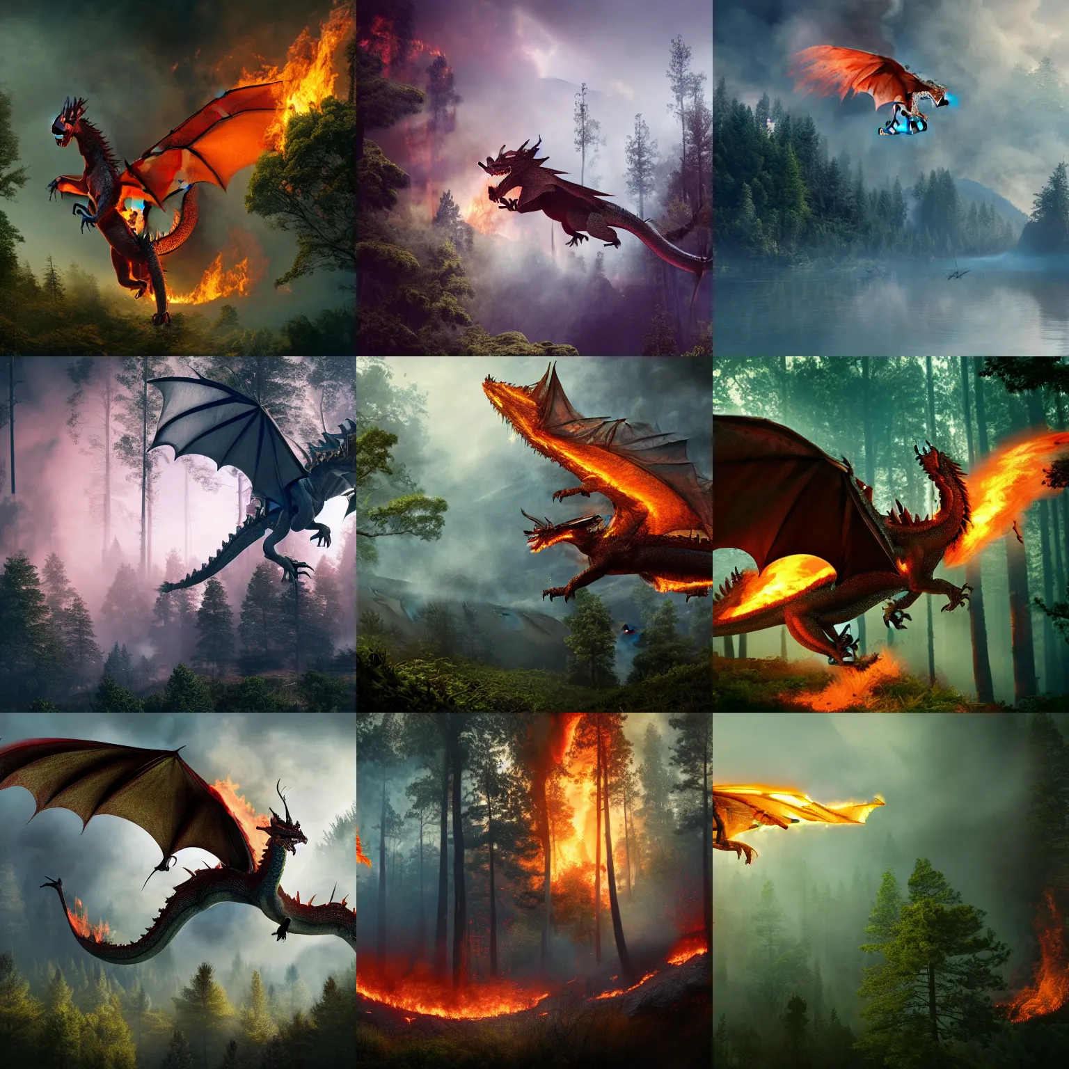 Prompt: A fire-breathing dragon flying above a forest and burning the trees, matte painting with lots of fine detail, cinematic, dramatic, 8k