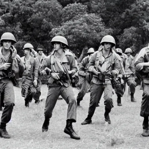 Image similar to BTS boyband fighting in the Vietnam war, historical photo, vintage photo, 1965