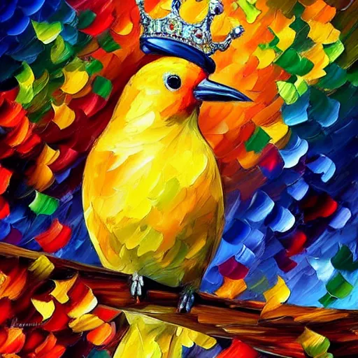 Image similar to an elegant yellow bird wearing a crown and a red bow tie in the style of leonid afremov, very very beautiful, impressionism, high quality, detailed, 4k