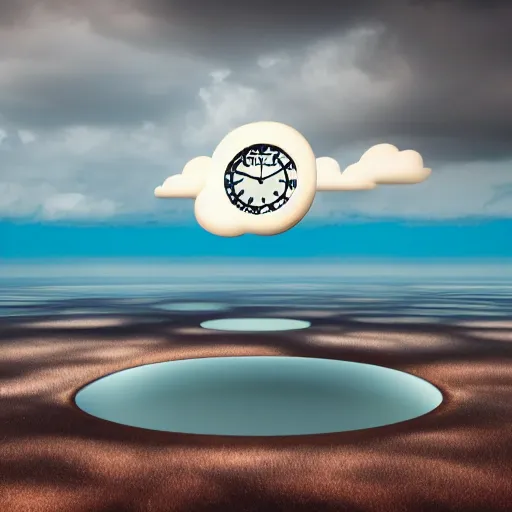 Image similar to a clock floating on an floating island, there are clouds around, it is on earth, on the background there are other floating islands too, floating at the ozone layer, cartoony, 4 k resolution, award winning