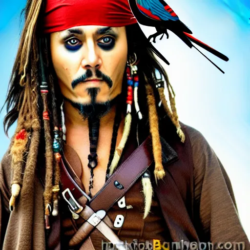 Image similar to jack sparrow with a parrot on the shoulder, portrait, professional photograph, 8k resolution, hyper detailed, realistic eyes