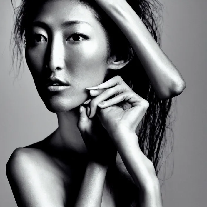Prompt: young beautiful woman dichen lachman, gorgeous face, black and white photography portrait, skin grain detail, high fashion, full - body, 8 k,, ultra sharp focus, photography by richard avedon, and paolo roversi and nick knight, and hellmut newton, studio lighting film noir style