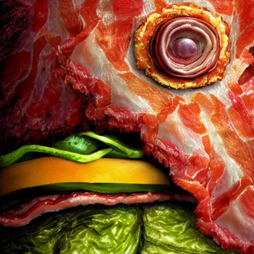 Image similar to ultra detailed kevin bacon on a slice of bacon in a hamburger rendered by octane digital painting inspired by arcimboldo