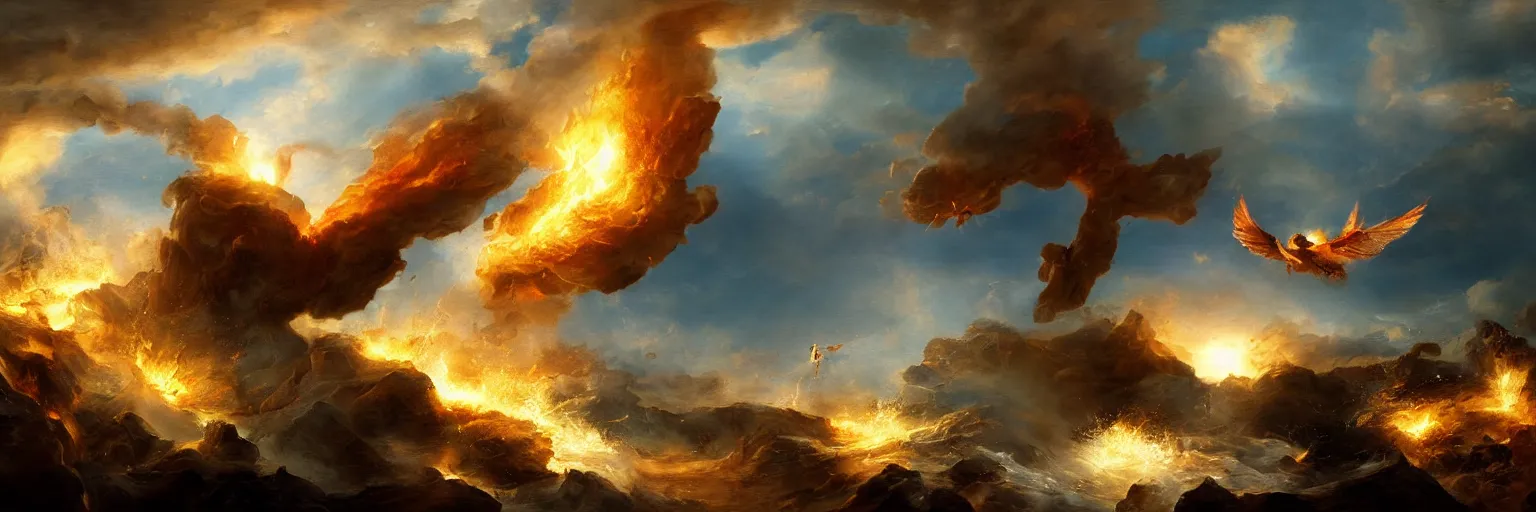 Image similar to awe-inspiring guy rutkowski landscape digital art painting of icarus crashing and burning his chariot