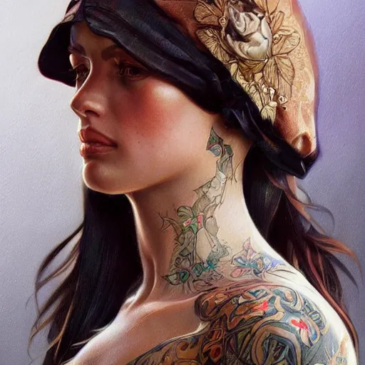 Image similar to ultra realistic illustration, a hot and beautiful tattooed blonde slavic woman in her 3 0's, intricate, elegant, highly detailed, digital painting, artstation, concept art, smooth, sharp focus, illustration, art by artgerm and greg rutkowski and alphonse mucha