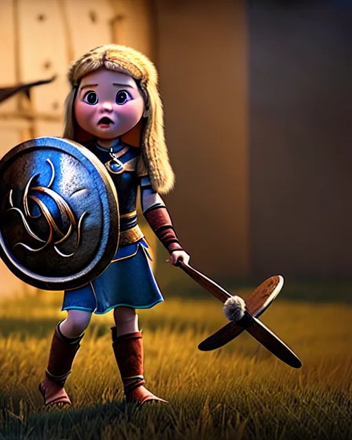 Image similar to an adorable toy of a viking girl with her shield raised to defend, pixar style, authentic viking armor, historically accurate, clean detail, symmetrical, octane render, studio lighting