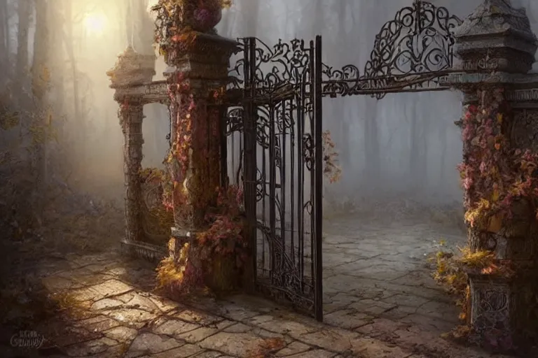 Prompt: large rustic intricately decorated cast iron gate, a view to an eerie fantasy world, ethereal back light, mist, coherent composition, fantasy painting by artgerm, greg rutkowski, noriyoshi ohrai, yuumei
