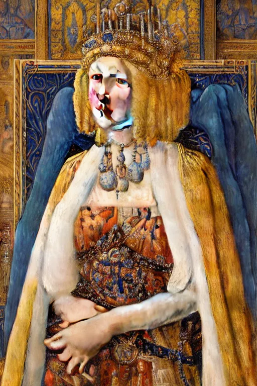 Image similar to coronation portrait of the ice queen, by Donato Giancola and John Bauer and John William Godward and Vermeer, embroidered velvet, iridescent beetles, rich color, ornate headdress, flowing robes, lost runes, ancient civilizations,featured on Artstation, cgisociety, unreal engine, extremely detailed