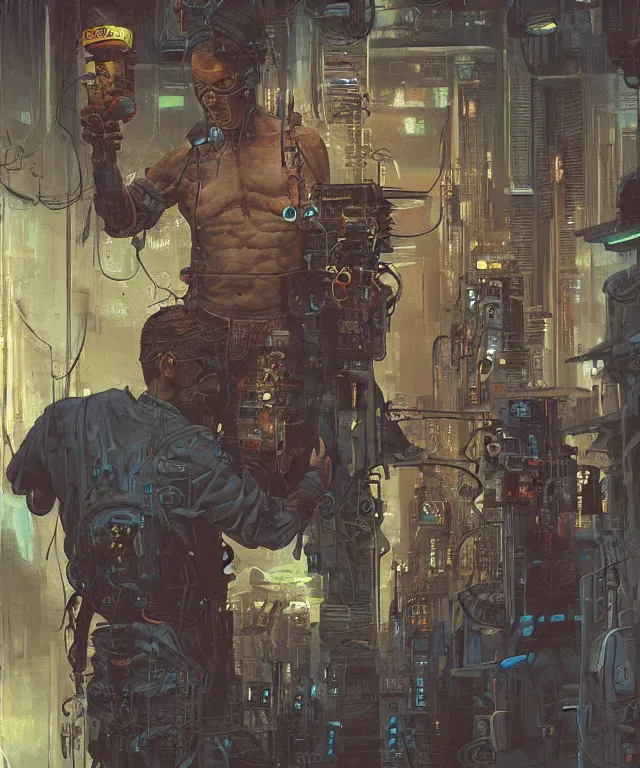 Image similar to a painting of a man holding a machine in his hands, cyberpunk art by les edwards and by michael whelan and by dan mumford, cgsociety, neoplasticism, lovecraftian, future tech, circuitry