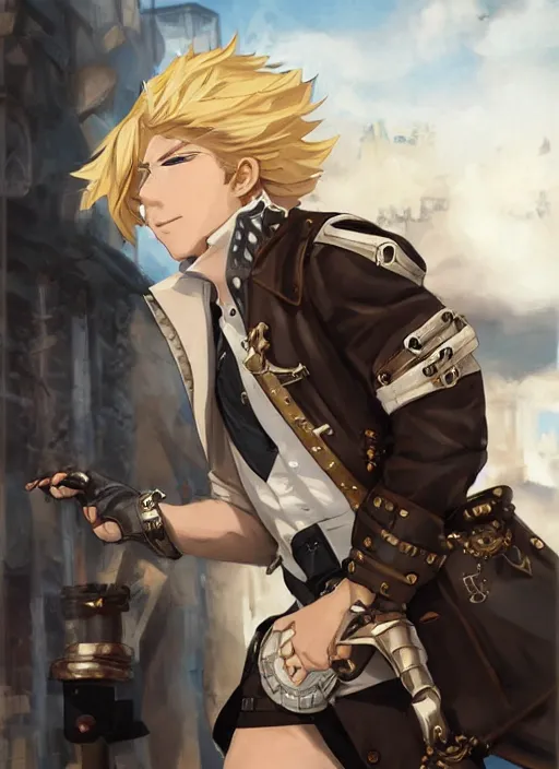 Prompt: a blonde boy thief in leathers with a steampunk armband in the style of krenz cushart