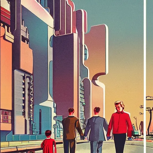 Prompt: 1950's style family looking at futuristic city, retropunk, high tech, happy family, digital art