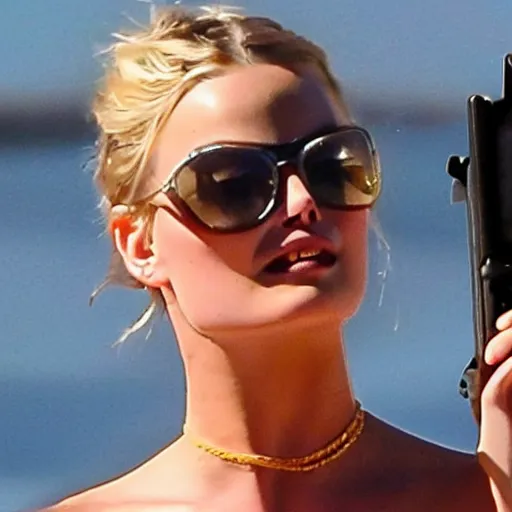 Image similar to sweaty sultry Margot Robbie with guns
