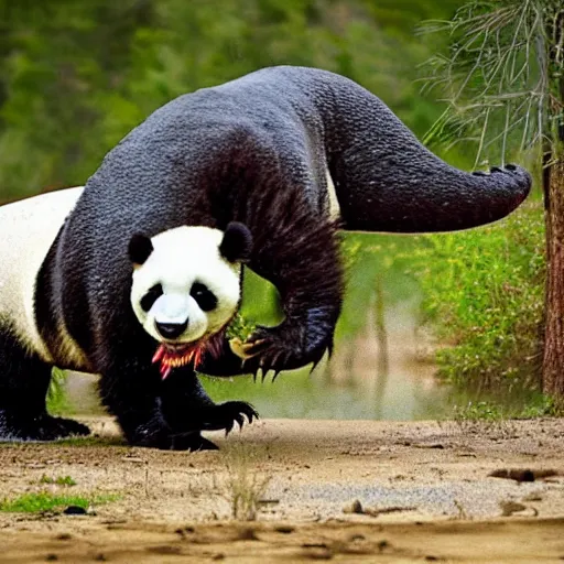 Prompt: Photo of a t-rex taking a bite out of a dead panda. National Geographic photography.