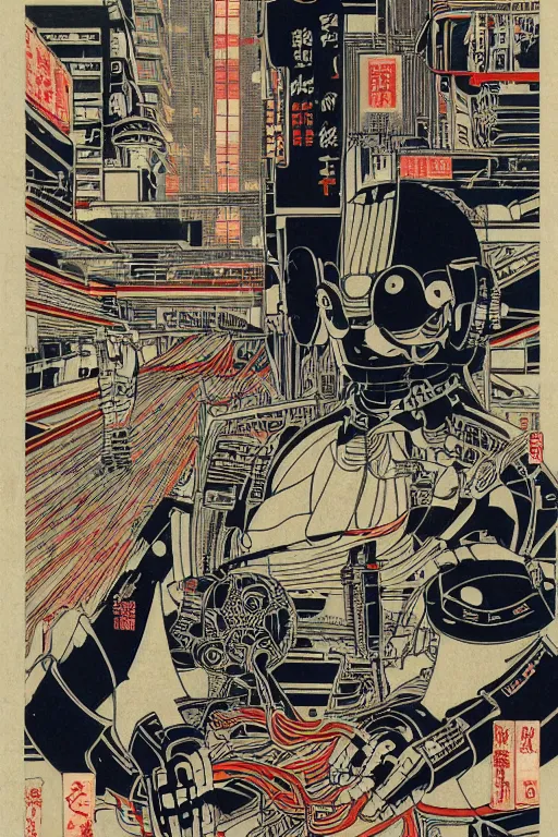 Prompt: futuristic japanese cyberpunk bladerunner silk screen by utagawa yoshiiku, ohara koson, pixiv contest winner, cyberpunk style, cyberpunk color scheme, mechanical, robotic, human machine interface, high resolution, hd, bold clear lines