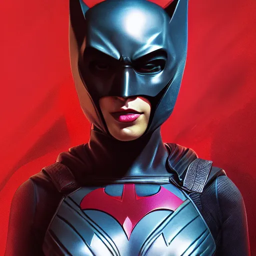 Image similar to a close up face of Gal Gadot as Batwoman by Greg Rutkowski, Sung Choi, Mitchell Mohrhauser, Maciej Kuciara, Johnson Ting, Maxim Verehin, Peter Konig, Zack Snyder, 8k photorealistic, cinematic lighting, HD, high details, dramatic, trending on artstation,