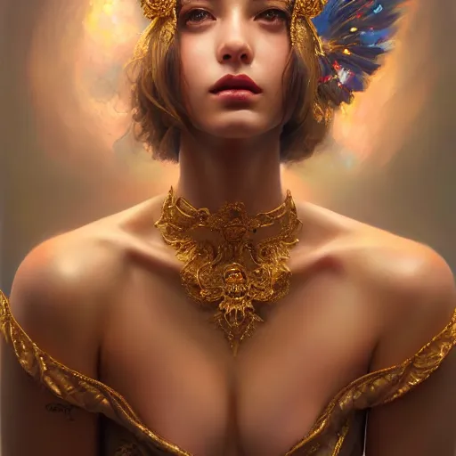 Prompt: expressive oil painting, of alluring european princess, seductive look, smirk, smooth glowing skin, glistening body, love, adoration, sweat, body tattoos, ornate headpiece, glamour shot, by yoshitaka amano, by greg rutkowski, by jeremyg lipkinng, by artgerm, digital art, octane render, grunge aesthetic