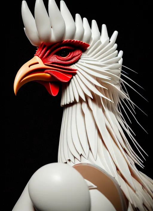 Image similar to hyper detailed ultra sharp portrait of a beautiful fashionable porcelain ivory cyberpunk scifi rooster, well contoured smooth colorful feathers, up close shot, sharp focus, global illumination, radiant light, black haute couture, alexandre ferra, irakli nadar, octane render, 4 k, ultra hd,