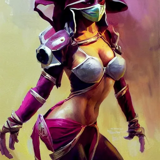 Prompt: greg manchess portrait painting of mileena from mortal kombat wearing a mask covering her mouth as overwatch character, medium shot, asymmetrical, profile picture, organic painting, sunny day, matte painting, bold shapes, hard edges, street art, trending on artstation, by huang guangjian and gil elvgren and sachin teng