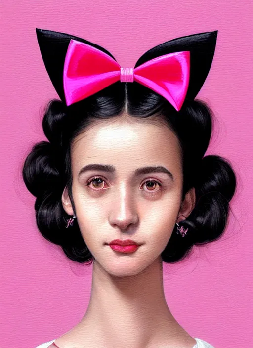 Image similar to portrait of high school girl, realistic, black hair, bangs, half updo hairstyle, pointy nose, skinny, smile, ugly, defined jawline, big chin, pink hair bow, earrings, intricate, elegant, glowing lights, highly detailed, digital painting, artstation, sharp focus, illustration, art by wlop, mars ravelo and greg rutkowski