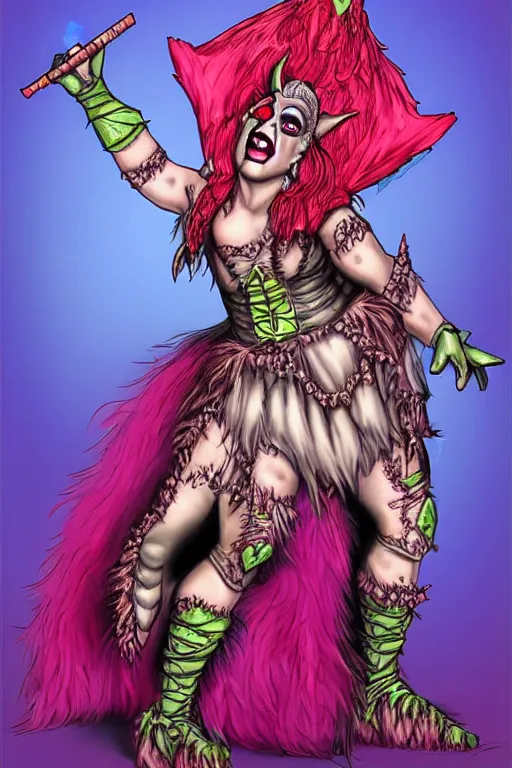 Image similar to fantasy artwork of an orc that is a drag queen, drag queen orc in frilly ballgown