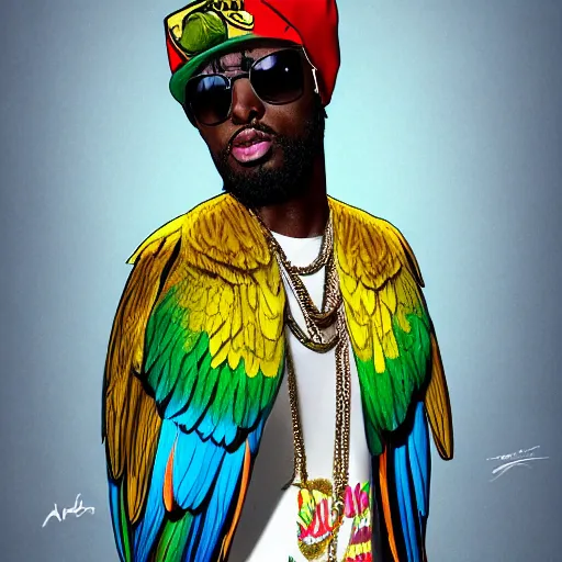 Image similar to parrots dressed in rapper clothes, sitting on golden trees, rap scene, concept art, trending on artstation, highly detailed, digital art, 8 k