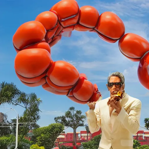 Image similar to 5 0 ft high jeff koons sculpture of jeff goldblum eating a chimichanga