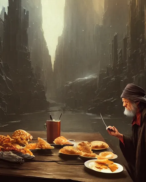 Image similar to gandalf eating a big mac, greg rutkowski, esuthio, craig mullins, cinematic lighting, gloomy