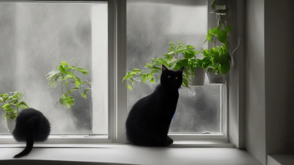 Image similar to peaceful dreamy painting of a content black cat sitting by a window and looking outside, sunshine coming through the window, small plants on the window sill, 8k, hyper realism, trending on artstation, octane render, unreal 5