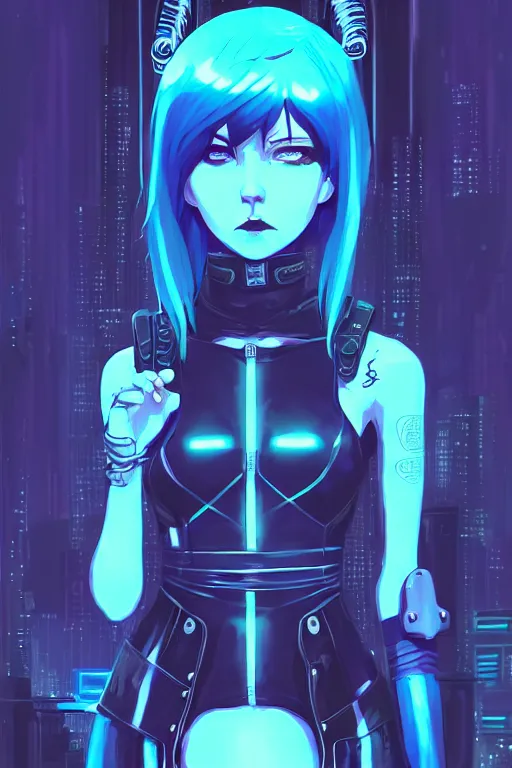 Image similar to digital illustration portrait of cyberpunk pretty girl metal skull armor with blue hair, wearing dominatrix outfit, in city street at night, by makoto shinkai, ilya kuvshinov, lois van baarle, rossdraws, basquiat