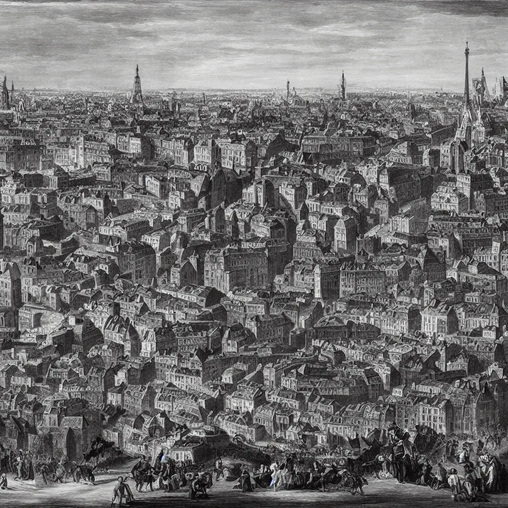 Prompt: Black and white Sebastião Salgado style photograph of 18th-century Paris during the Reign of Terror, ultrarealistic, ambient lighting, flickr