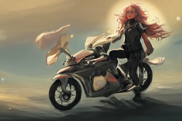 Image similar to a girl is riding a motorbike, digital painting, artstation, the space background,concept art, illustration,