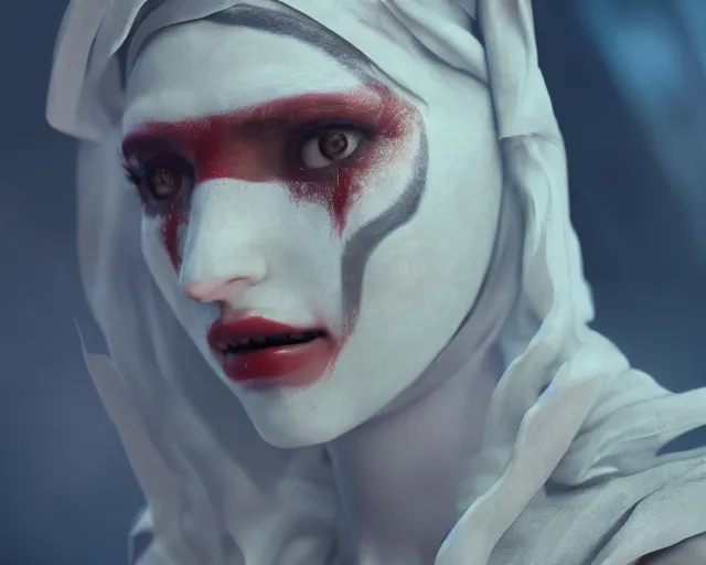 Image similar to a film still of a synthetic female human oracle wrapped in white cloth, beautiful, tribal facepaint, neotokyo, cinematic lighting, high resolution, 4 k