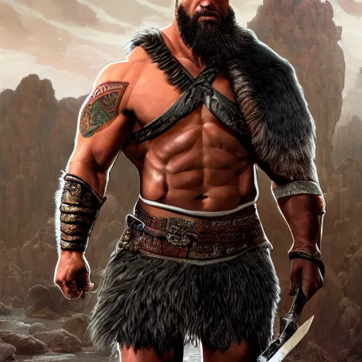Image similar to Dwayne Johnson as Kratos, highly detailed, digital painting, artstation, concept art, smooth, sharp focus, illustration, ArtStation, art by artgerm and greg rutkowski and alphonse mucha and J. C. Leyendecker and Edmund Blair Leighton and Katsuhiro Otomo and Geof Darrow and Phil hale and Ashley wood and Ilya repin and Charlie Bowater