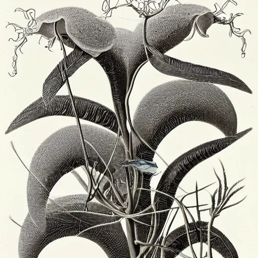 Prompt: ceropegia woodii scientific illustration by ernst haeckel