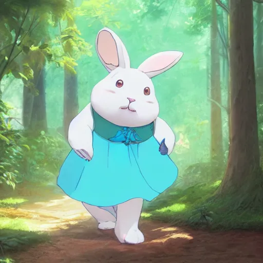 Image similar to concept art painting of a chubby white rabbit wearing a turquoise dress, in the deep forest, realistic, detailed, cel shaded, in the style of makoto shinkai and greg rutkowski and james gurney