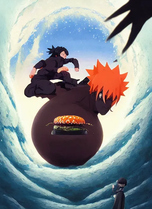 Prompt: highly detailed black hamburger eating naruto uzumaki with black hair, art by greg rutkowski, loish, rhads, ferdinand knab, makoto shinkai and lois van baarle, ilya kuvshinov, rossdraws, tom bagshaw, global illumination, radiant light, detailed and intricate environment