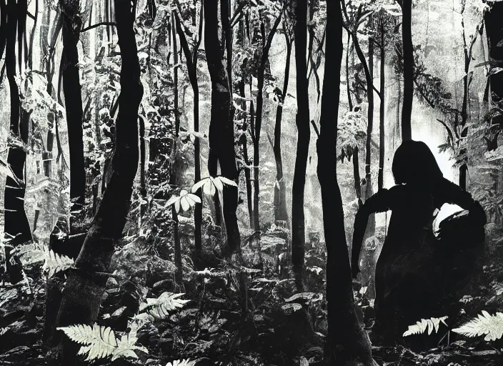 Prompt: a female model with long black hair, emerging from a dense misty forest of fern leaves wearing camouflage by yohji yamamoto, in the style of daido moriyama, double exposure