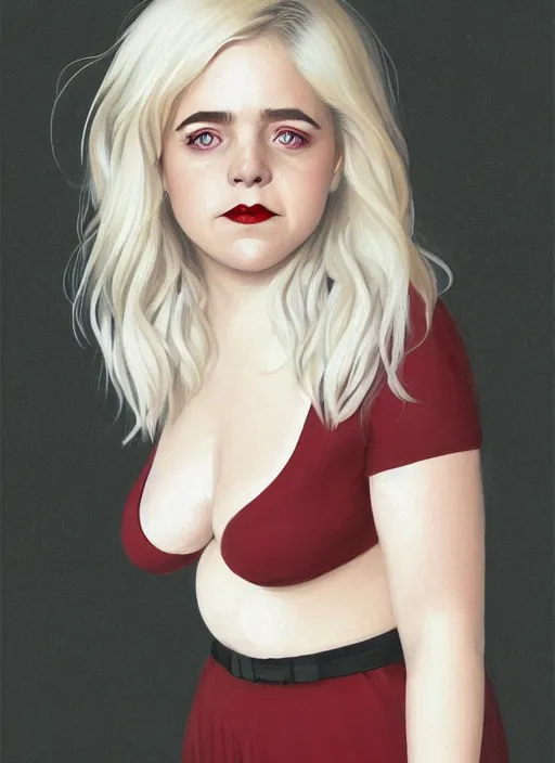 Image similar to full body portrait, kiernan shipka as sabrina spellman, white hair, obese, bangs, sultry, realistic, sultry smirk, fluffy bangs, freckles, fat, belly, intricate, elegant, highly detailed, digital painting, artstation, concept art, smooth, sharp focus, illustration, art by wlop, mars ravelo and greg rutkowski